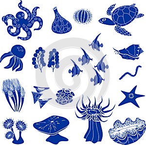 Set of blue silhouettes of different marine animals