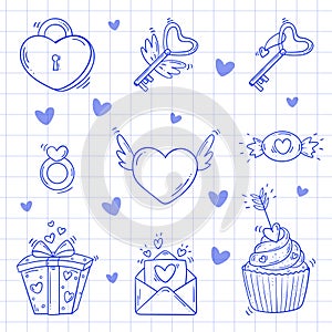 Set of blue sketch elements for Valentines day in doodle style on a white checkered background. Love bundle