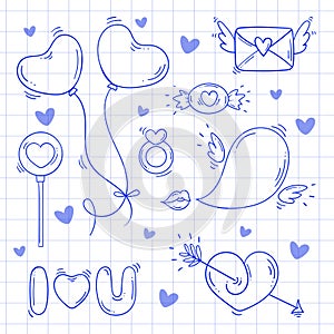 Set of blue sketch elements for Valentines day in doodle style on a white checkered background. Love bundle