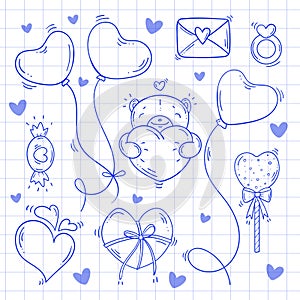 Set of blue sketch elements for Valentines day in doodle style on a white checkered background. Love bundle