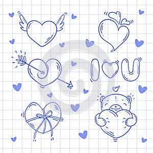 Set of blue sketch elements for Valentines day in doodle style on a white checkered background. Love bundle