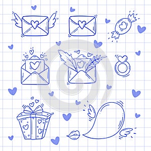 Set of blue sketch elements for Valentines day in doodle style on a white checkered background. Love bundle