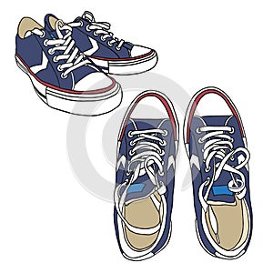 Set blue sneakers Hand-drawn sport shoes on white background.  For poster, or print on clothes. Fashion & Style. Cartoon style