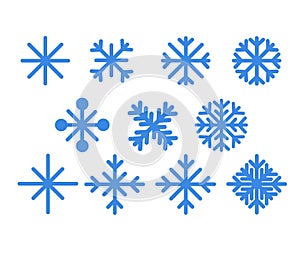 Set of blue snowflakes.Christmas design vector icons isolated on white background. Snowflake silhouettes. Symbol of snow, holiday,