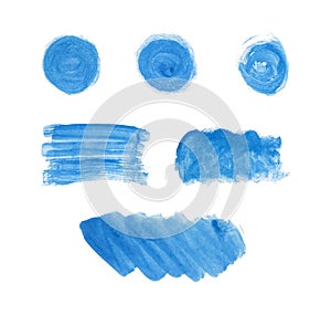Set of blue stain hand paint, round shapes, rectangle, stripes, circles, lines isolated on white background