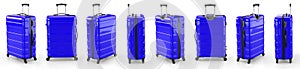 A set of blue suitcases on a white background. 3D rendering illustration.