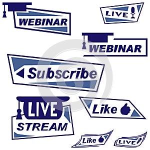 Set of blue symbols and buttons of online webinar, web conference, live streams, subscribe photo