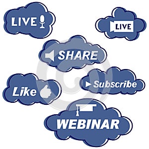 Set of blue symbols and buttons of online webinar, web conference, subscribe in clouds photo