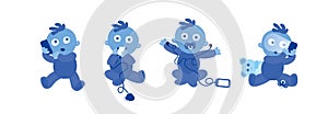 Set of blue toddlers on white. Baby using technology. Child with the Internet and smartphone adiction problems, Vector Illustratio