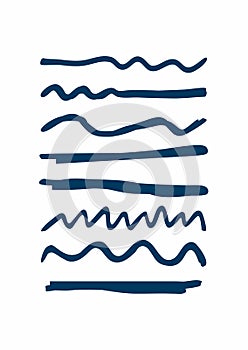 Set of blue underlines drawn by hand. Rough horizontal and wavy lines. Sketch, doodle, scribble.