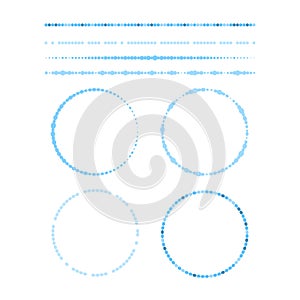 Set of blue vector borders and round frames made with dots and circles, collection of design elements