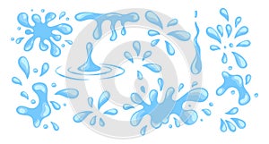 Set of blue water drops and splashes on a white background. Clipart set.