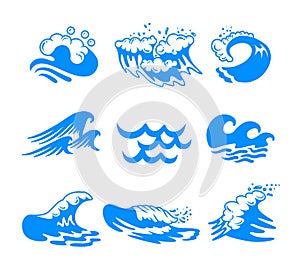 Set of Blue Water Sea or Ocean Waves and Splashing of Different Shapes Isolated on White Background