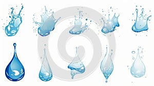 Set of Blue water splash and drops isolated on white background. generative ai