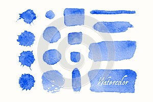 Set of blue watercolor blobs and spots photo