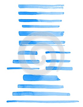 Set of blue watercolor brush strokes, stripes, rectangle smears