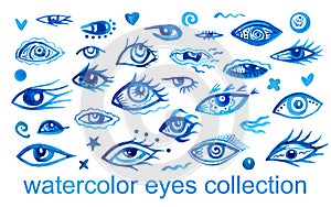 Set of blue watercolor eyes. Aquarelle clip art for creating amulets from evil eye.