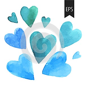 Set of blue watercolor hearts.