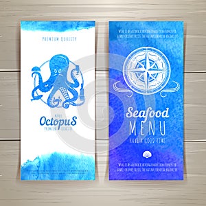 Set of blue watercolor seafood banners