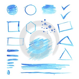Set of blue watercolor spots and geometric shapes.