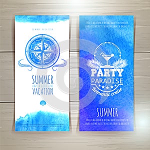 Set of blue watercolor summer banners