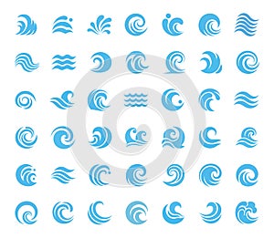 Set of blue waves and water splashes, wavy symbols of nature in motion vector Illustrations