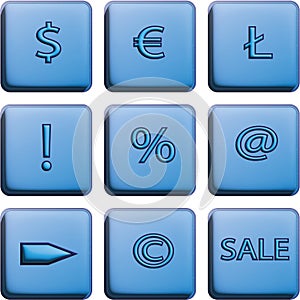 Set of blue web buttons with icons, white background.