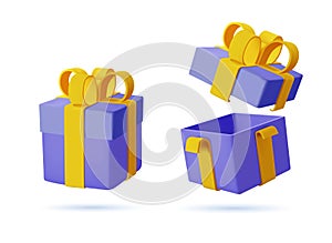 Set of Blue wrapped gift box open holiday pack with golden bow ribbon 3d icon realistic vector illustration. Present 3D