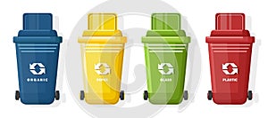 Set of Blue, yellow, green and red trash can with lid and ecology sign