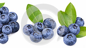 Set of blueberries and blueberry leaves isolated on white background. Generative Ai