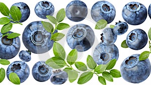 Set of blueberries and blueberry leaves isolated on white background. Generative Ai