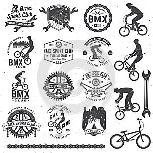 Set of bmx extreme sport club badge. Vector. Concept for shirt, logo, print, stamp, tee with man ride on a sport bicycle photo