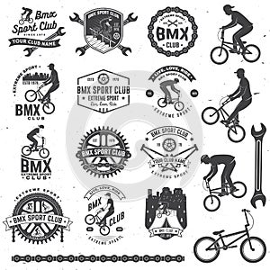 Set of bmx extreme sport club badge. Vector. Concept for shirt, logo, print, stamp, tee with man ride on a sport bicycle