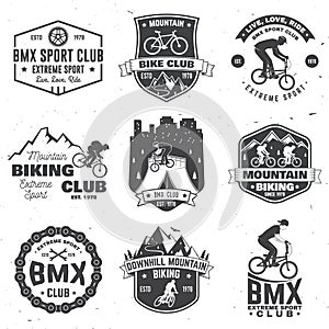 Set of bmx, mtb extreme sport club badge. Vector. Concept for shirt, logo, print, stamp, tee with man ride on a sport