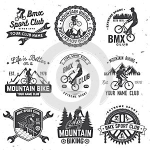 Set of bmx, mtb extreme sport club badge. Vector. Concept for shirt, logo, print, stamp, tee with man ride on a sport photo