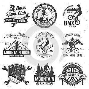 Set of bmx, mtb extreme sport club badge. Vector. Concept for shirt, logo, print, stamp, tee with man ride on a sport