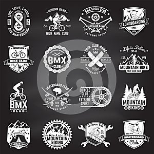 Set of bmx, skateboard, mtb extreme sport club badge on chalkboard. Vector. Concept for shirt, logo, print, stamp, tee