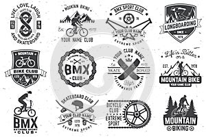 Set of bmx, skateboard and mtb extreme sport club badge. Vector. Concept for shirt, logo, print, stamp, tee with man