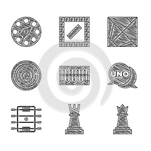 Set Board game, Chess, Uno card, Hockey table, Checker chips, Rubik cube and Twister icon. Vector