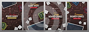 Set of Board Games banners with dice,  playing cards and map. Hand draw doodle background. Vector illustration.