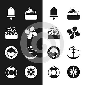 Set Boat propeller, Sinking cruise ship, Ship bell, Cruise, porthole, Anchor, Wind rose and Lifebuoy icon. Vector