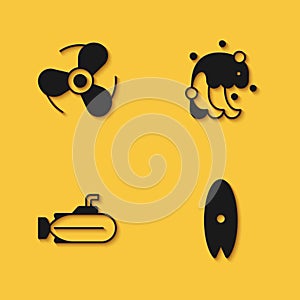 Set Boat propeller, Surfboard, Submarine and Tsunami icon with long shadow. Vector