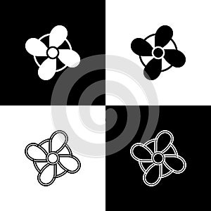 Set Boat propeller, turbine icon isolated on black and white background. Vector