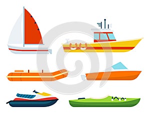 A set of boats of different types and purposes vector illustration in a flat design.