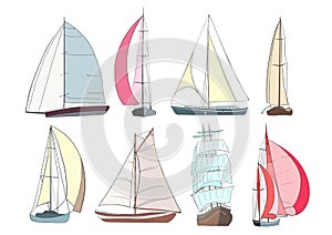 Set of boats with sails made in the vector