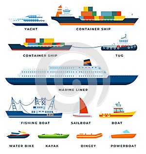 Set of Boats, Ship, Yacht, Sail flat vector illustration.