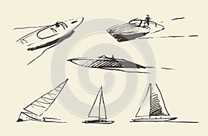 Set boats sketches drawn vector illustration.