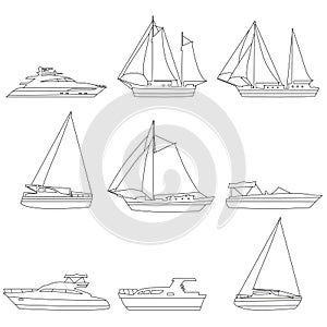 Set boats, speedboat, sailboat, vessel, yacht, icons, logo. Vector ship and motor boats, lineart editable stroke