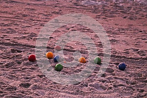 A set of bocce balls on the beach at Emerald Isle, North Carolina