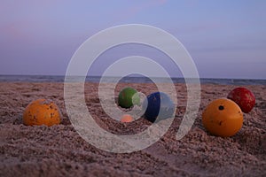 A set of bocce balls on the beach at Emerald Isle, North Carolina